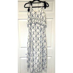 Monsoon White Midi Dress Geometric Print Ruffle Sleeveless Tassel Tie Casual S